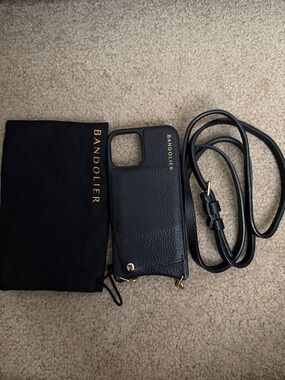 Bandolier Black Pebbled Leather Crossbody Phone Case with Gold Accents